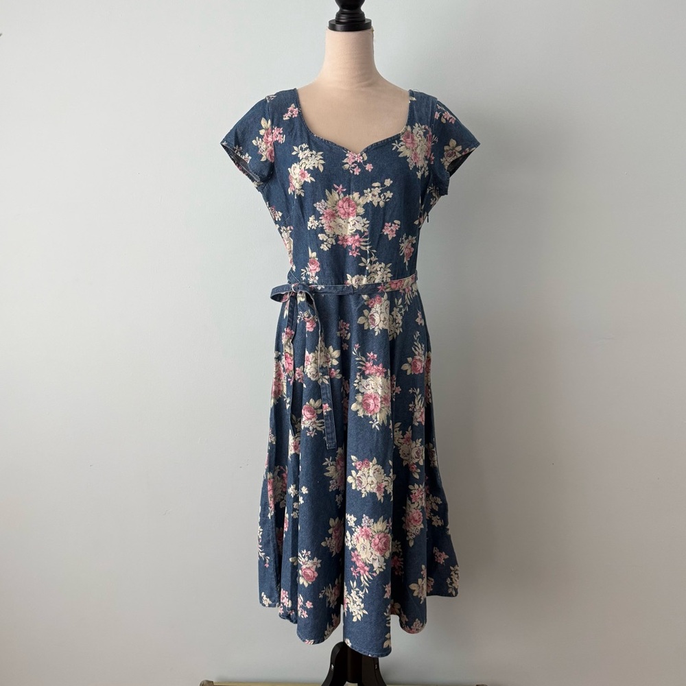 🌸 Signature by Robbie Bee Floral Cotton Denim Style Dress Sz 12